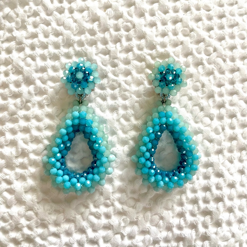 Light Blue Beaded Teardrop Clip-On Earrings